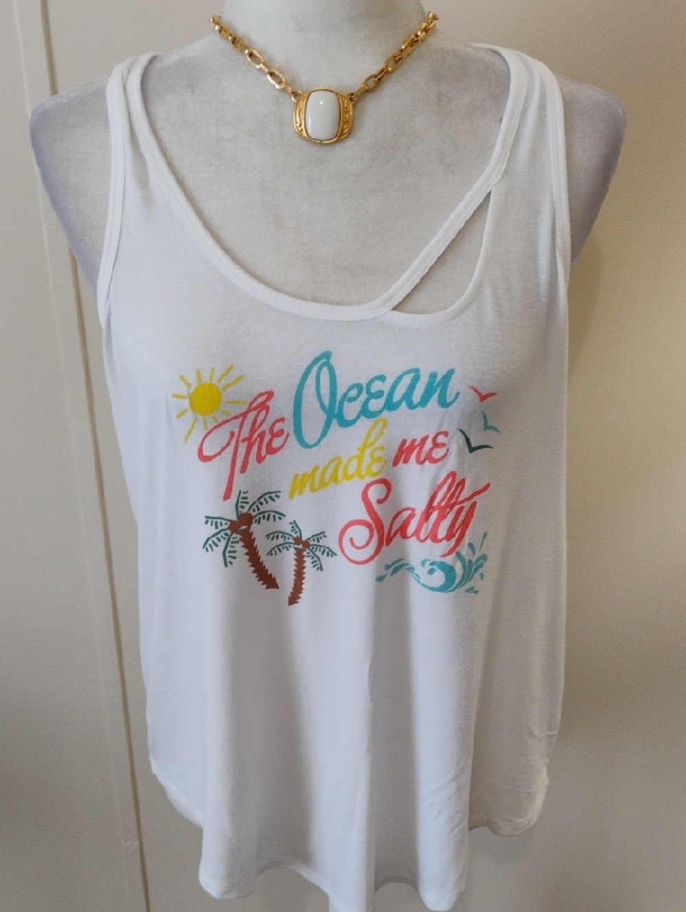 Express White Tank with Colorful Beach Graphic